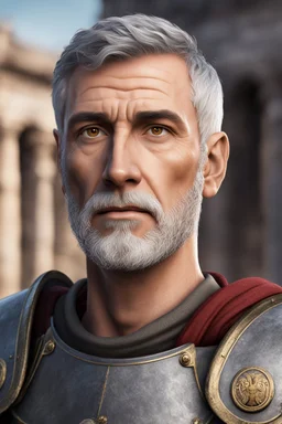 An old male roman legion soldier with brown eyes, short gray hair and a light beard, Roman Legion armor