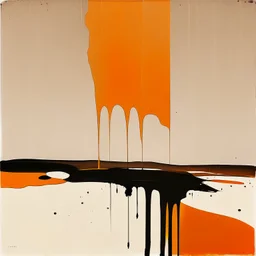 Melancholy Minimal abstract flat landscape painting. Rough brushstrokes and dripping paint. A single orange colour highlight with complimentary background colours. Use rule of thirds. Place the Horizon line at the top. Style of Justin Mortimer.Abstract empty landscape painting. Dripping paint. Rough. Minimal. Style of Justin Mortimer.