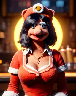 waitress woman with muppet mask that covers her entire head, retro style, Sesame Street style, smooth, unreal engine 5, god lights, ray tracing, RTX, lumen lighting, ultra detail, volumetric lighting, 3d.