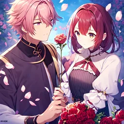 In anime, a maroon-haired male character with a rose flower is in sakura.