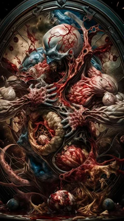 cinematic gore Bosch vs Dali style photorealistic photo of a mangled embryonic body wrestling itself in a fleshy vortex vortex, of anatomically fragmented, ripped apart again being flayed, skinned alive beating heart, muscles, blood vessels, bowels, entrails, capillaries, oozing puss are exposed. Visceral anatomy. physiology. Their face and body opens with a zipper. Bosch and Dali inspired hallucinations. mythology. grotesque.