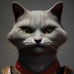 Character design, anthropomorphic cat dressed as a Shaolin, dark, evil, furious, epic, intricate details, finely detailed armor, silver, golden