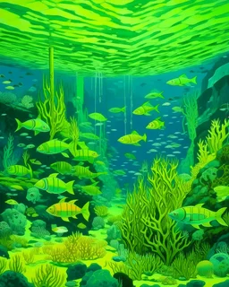 A lime green underwater reef with poisonous fish painted by Frank Lloyd Wright
