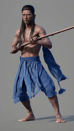 A young male water genasi with deep blue skin color, water shape dred hair on head. Shaolin monk with long stick weapon, kung fu master, martial art