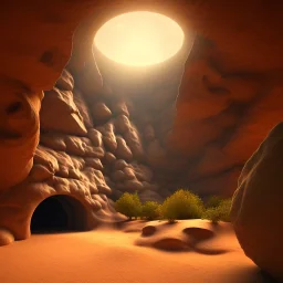 Cave in a desert mountain, hyper realistic, photography, rays, amazing lighting