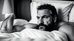 portrait photography of a serious 49 years old burly sicilian redneck, relaxing lying down over the bed in underwear, head on the pillow, emotive eyes, manly hairy chest, bulge, into a dark modest and intimate hotel, midnight, photographic, Canon EOS, 35mm lens, dim top lights, 8K lateral view , ambient occlusion , dim light