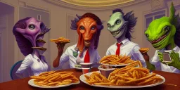 ghetto aliens in clothes enjoying fast food on earth in the oval office