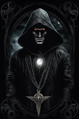 man with glowing eyes in dark hood, on his chest mystic witch medal, vampire man, black hair, dark shadows, dark fantasy, surreal, black, goth, gothic, mystic, mist, Moon, crepy stunning