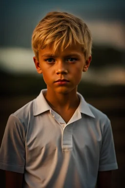 12 year old young boy with lightly tanned skin and short sandy blonde hair, scowling, wearing a shirt, inside