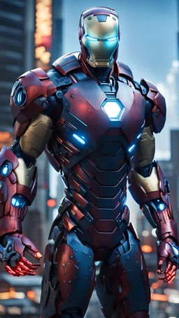 [iron man], muscles, highly detailed eyes, perfect body, detailed with dark blue and black cybernetics and armor, city background, intricately detailed, hdr , 8k, subsurface scattering, specular lighting, high resolution, octane rendering, neon ray tracing,