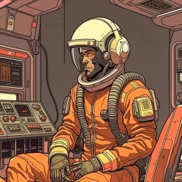 Moebius style scifi pilot with headphones, pilot helmet and exosuit sitting in a starship cockpit with solid earthy colors with a desert and dusty station in the background