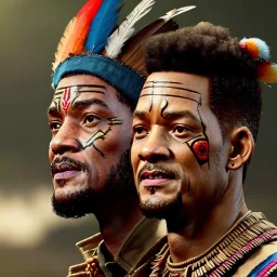 ein perfektes bild von will smith als azteke,kopf portrait,realistic, indianer,gesichtsbemalung, perfect face, sharp focus, woods, kostüm, häuptling, federn,