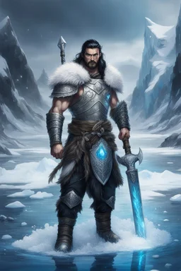 1 mana warrior, with blue eyes and black hair man in silver Viking armor with fur around the neck with blue crystal on his chest , standing in water in the artic, holding a ice axe, warrior in anime style,