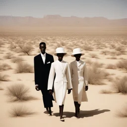 modern minimal photo ,In the style of William Klein, extremely thin and malnourished black African people wearing white collar dress in an arid desert landscape, color photography captured in the style of dslr camera. --ar 62:85 --v 6. 0