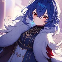 Clear focus, High resolution, rough line art, cute, cartoon, medium blue hair, hair between eyes, fluffy hair, red eyes, intricately detailed outfit