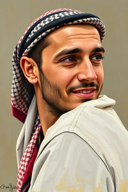 A young Palestinian man, forty years old, wearing a keffiyeh, has a beautiful face, turns his face to the right, has a slight smile, his mouth is closed and his teeth are not visible, his eyes are looking to the left, he appears to be drawn with oil paints