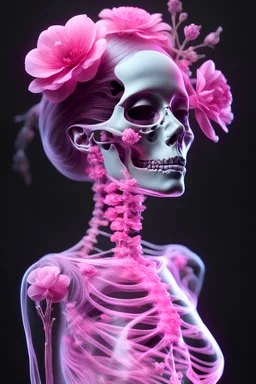 woman, body, skeleton,flower face , x-ray, transparent, pink, veins, visible, detailed, intricate, elegant, ethereal, surreal, realistic, hyper-realistic, 8k, high-resolution