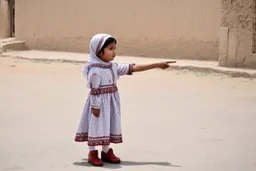 A five-year-old Palestinian girl wearing a traditional dress and new shoes looks to the side and points at a distant building.