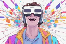 الصورة تعرض شابًا يرتدي نظارات الواقع الافتراضي وهو يستمتع بتجربة واقع افتراضي مذهلة. يظهر وجهه المبتسم وتعابير الدهشة في عينيه واضحة، حيث يبدو وكأنه مغمور في عالم ثلاثي الأبعاد مليء بالألوان والتفاصيل. تتدفق الأسلاك من النظارات على جانبي وجهه، مما يُظهر التفاصيل التكنولوجية المذهلة للجهاز. خلفه، يمكن رؤية أشكال هندسية ثلاثية الأبعاد وصور مجردة تطفو في الهواء، مما يعكس تجربة فريدة وغامرة للواقع الافتراضي. يتواجد شعار "مستقبل الواقع الافتراضي" بالزاوية السفلى اليمنى للصورة، يضفي لمسة إضافية من ال