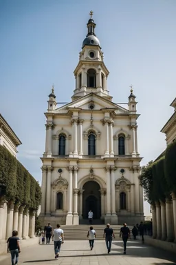 neoclassical church with steeple with people walking out of it
