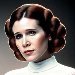 analog style, half-length color photo shoot, three-quarter face pose of carrie fisher as Princess Leia with realistic fine and very simple short hair, entrancing deep brown eyes, Intricate, High Detail, Sharp focus, realism, rim lighting, Nikon D850, ef 85mm 5.6 by Annie Leibovitz, dark plain background