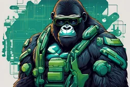 futuristic vector illustration of a full body gorilla with glasses and technical elements in green-blue colours