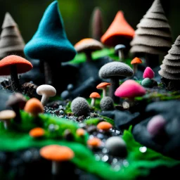 Close-up photograph of a spooky dark landscape made of felt, animals, fungi, crystals, mineral concretions, extreme detail, intricate, colours, Tim Burton, rich moody colors, sparkles, bokeh, 33mm photography