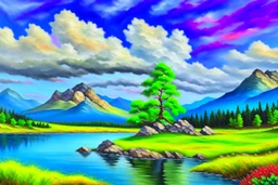 Clouds, mountains, tree, rocks, grass, lake, lake reflections, distant mountains, distant trees, impressionism painting