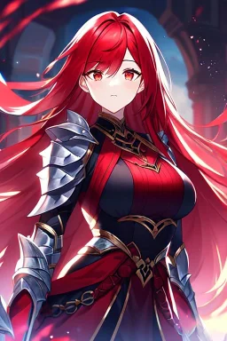 girl, masterpiece, best quality, cinematic lighting, detailed outfit, vibrant colors, perfect eyes, long hair, red hair, red eyes, vibrant colors, armored clothes,