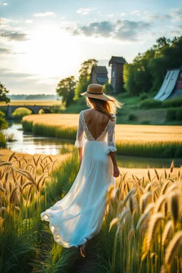 wide angle shot of golden wheat field next to river ,a watermill on river, a beautiful girl in pretty long dress walking in