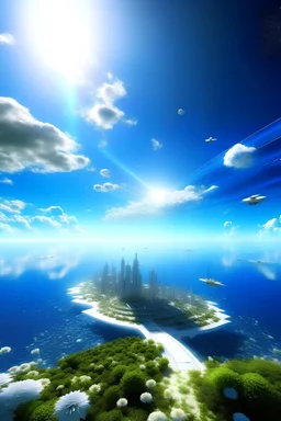 BIG´CITY IN THE AIR, , in the blue SKY, SUNSHINE ,WHITE BRILLANT BUILGINGS BRIDGES, SPACIAL PLANE, FLOWERS GARDEN, MODERN DISIGN and GOLD ; JEWELS, COSMOS, GALACTIC VISION photorealistic, in the UNIVERSE,WHITE BRILLANT COLOR GALAXY, CITY IN THE AIR WHITE CLEAR - NICE BLUE SKY - LIGHT 2 SUN- OVER THE SEA