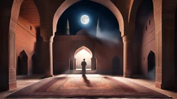 Hyper Realistic Photographic-View of a Man Worshiping-Namaz inside a prehistoric-brick-walled-mosque with pre-historic-carpets & Lalten on walls with moon-light-rays coming from outside Fancy-Mosque-Window at dark-night showing dramatic & cinematic ambiance.