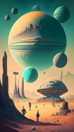 alien landscape with building and planets and people