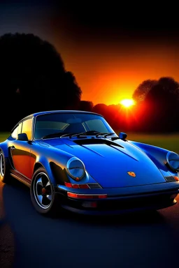 sunset with a Porsche 911 in the colors black orange and blue