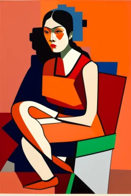 painting of a tired woman sitting on a chair, cubist vibe, sleeveless, oilpaint, variations around female, scarlet and orange blast color dynamics, 1970s philippines, family portrait,centre composition, viet aspect