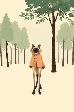 Surrealist minimalist illustration of [siamese cat] with extremely long slender legs, standing in [forest], wearing [a raincoat], under [tree]. Calm composition, full body view, centered, soft pastel gradients in the background, textured painterly style, smooth shading, clean lines. –no multiple characters, no clutter, no photorealism, no busy background