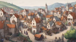 a detailed town view from atop a hill, distance view of a medieval town, with city clock, busy streets, fireplaces, horse carts, and other medieval stuff. colorful markers art, calm, beautiful