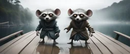 close up on huge dented glowing ghost transparent rat racoon gremlin troll in designer clothes in fast boat with googly eyes, raised by ninja necromancer in the wild, on wooden bridge by lake in surreal reflecting stone chrome landscape, background motion blur, volume light fog, rays, 4d maze