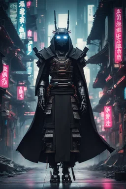 samurai robot in black cloak in a cyberpunk environment