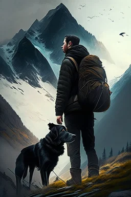 Escape to the mountains, Guy and black dog