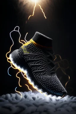 intricate knitted running shoe, product photography, octane, volumetric lightning