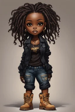 create a EXPRESSIVE OIL PAINTING image of a curvy size chibi dark skinned Black female wearing a black jean outfit with timberland boots. Prominent make up with brown eyes and lush lashes. Highly detailed dread locs