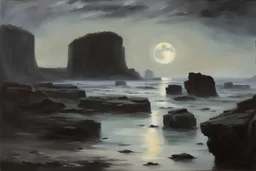 Grey blue sky, one exoplanet in the horizon, lagoon, cliffs, rocky land, mist, rocks, 90's sci-fi movies influence, cosmic future influence, trascendent, intergalactic influence, friedrich eckenfelder and alfred stevens impressionism paintings