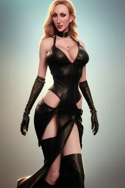 Brandi Love in black leather gown, evil, busty, cleavage, curvy, angry, happy, stern look. character design by cory loftis, fenghua zhong, ryohei hase, ismail inceoglu and ruan jia. unreal engine 5, artistic lighting, highly detailed, photorealistic, fantasy