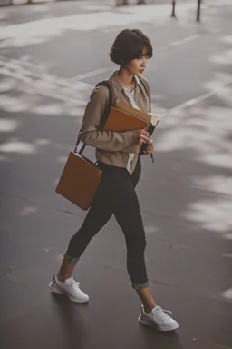 color photo of a student girl 22 years old ,short hair with her books in her hand walking in street,next to trees.