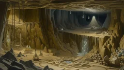 A grayish brown underground mine with crystals designed in native American petroglyphs painted by Paul Ranson