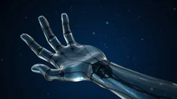fekete tengerből a mélykék ég felé nyúló átlátszó üveg kar fekete erekkel és öt ujjal, sötét univerzum, halvány csillagok, galaxis, detailed, high realistic, lenyűgöző, dark. gloomy