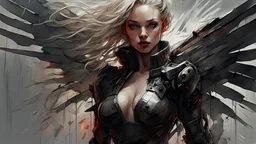 biomechanical women, beautiful, cyberpunk, dusty blonde, short square, large biomechanical black wings, sword, cybernetic, dynamic pose, rain, wind, ashes, flashes of fiery threads, sketch art, fine lines, grunge, sensual, darkness, dark colors, by Raymond Swanland & Alyssa Monks & Anna Razumovskaya