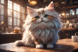 cute fluffy cat in a coffeehouse in sunshine Weight:1 detailed matte painting, deep color, fantastical, intricate detail, splash screen, complementary colors, fantasy concept art, 8k resolution trending on Artstation Unreal Engine 5 Weight:0.9