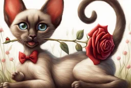 realistic illustration funny goofy, whimsical, caricature of a sleek siamese kitten with brown ears, laying down on its belly, back legs crossed, a paw stretched out in front, holding a red rose in his mouth, flowery background with long pale grass background. Textured painterly fantasy artistic Cartoon